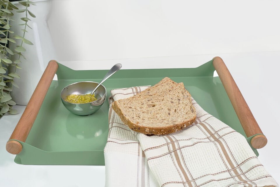 HNH-704 METAL TEPSİ | Ahşap Saplı Pastel Sunum Tepsisi