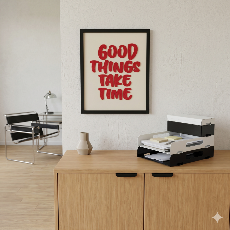 GOOD THINGS TAKE TIME TABLO | Beyaz Ahşap Çerçeve 3 Boyutlu
