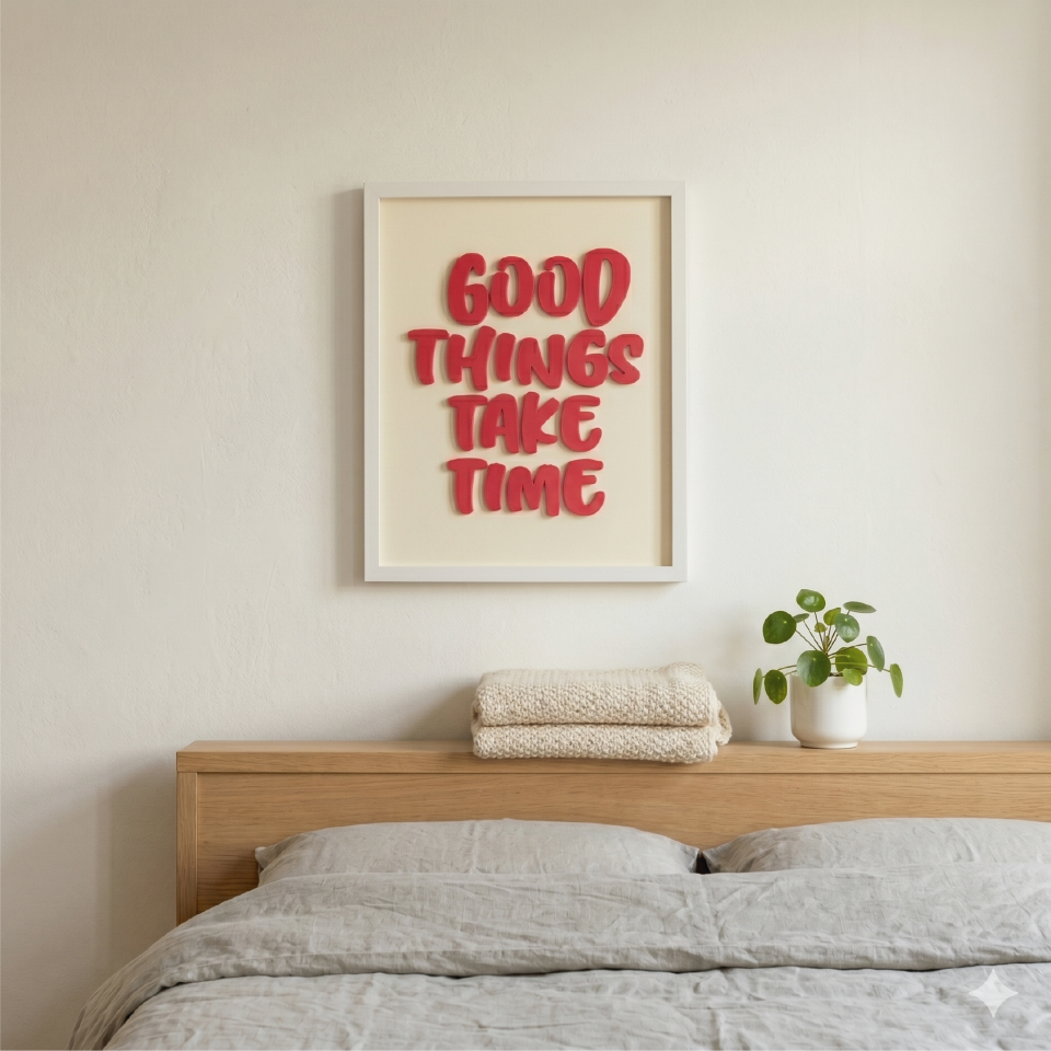GOOD THINGS TAKE TIME TABLO | Beyaz Ahşap Çerçeve 3 Boyutlu