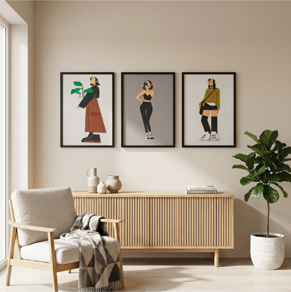 THE GIRL CARRYING MONSTERA TABLO | Beyaz Ahşap Çerçeve 3 Boyutlu