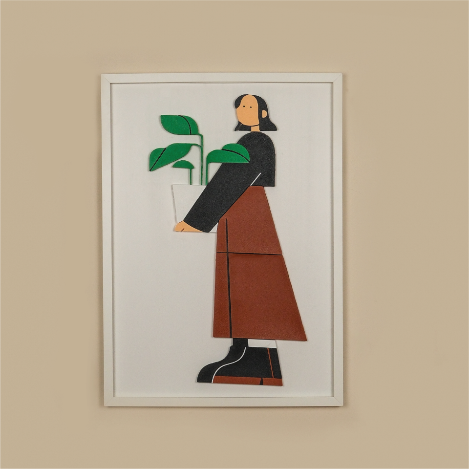 THE GIRL CARRYING MONSTERA TABLO | Beyaz Ahşap Çerçeve 3 Boyutlu