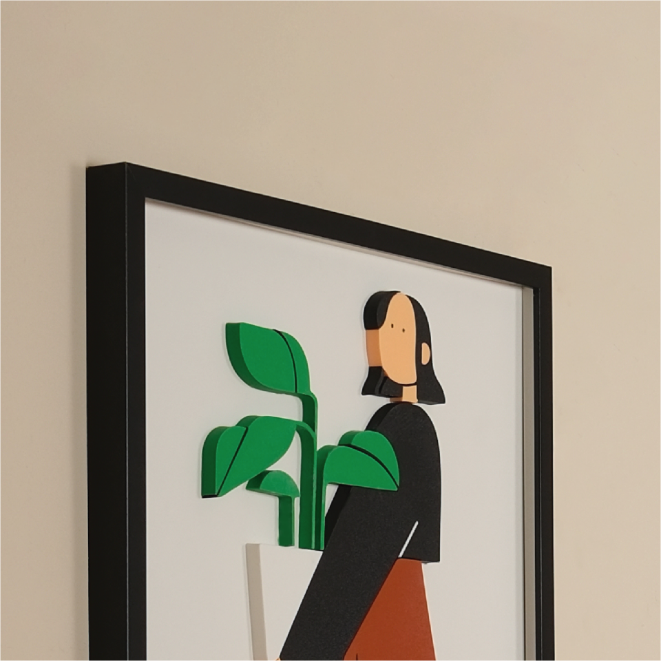 THE GIRL CARRYING MONSTERA TABLO | Siyah Ahşap Çerçeve 3 Boyutlu 40x50